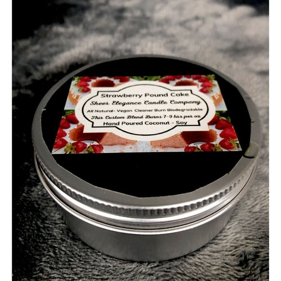Hand Poured Candles Coconut Soy Blend Strawberry Poundcake 4 Ounce Tin - Picture 2 of 4